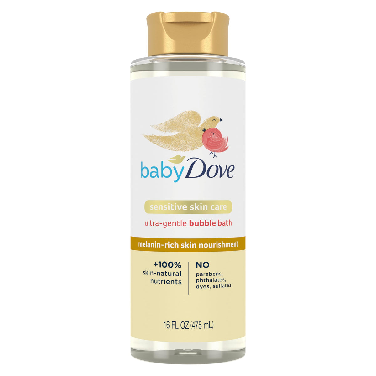 Baby Dove frasco frontal del Bubble Bath mostrando etiqueta y volumen, opción hidratante