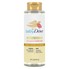 Baby Dove frasco frontal del Bubble Bath mostrando etiqueta y volumen, opción hidratante