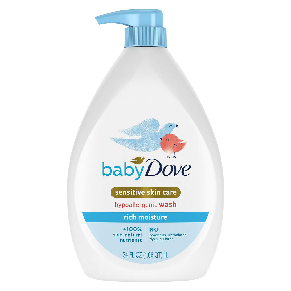 Baby Dove botella frontal 34 oz mostrando etiqueta y formato familiar