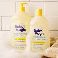 Baby Magic dosificando gel con facilidad para un baño sin derrames