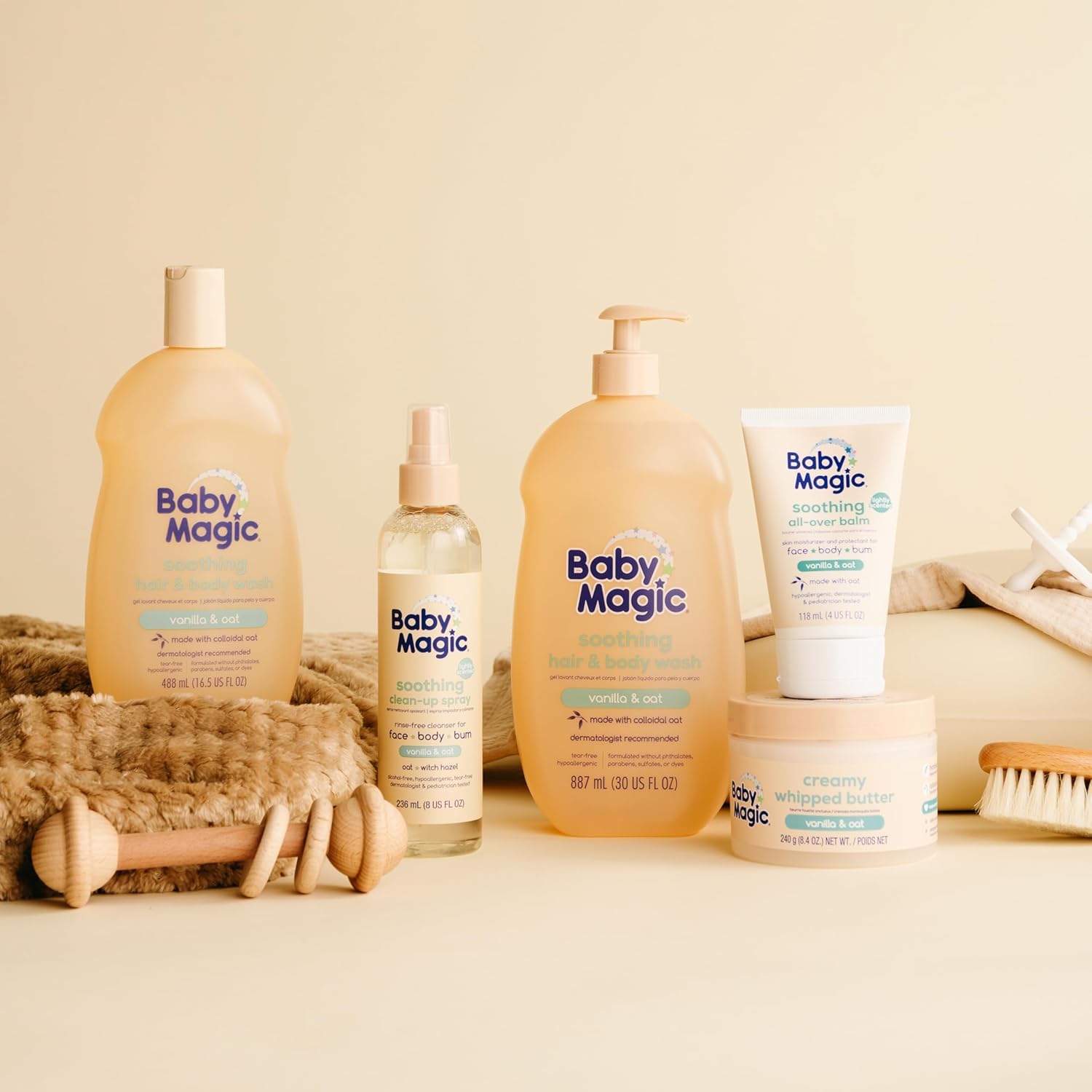 Baby Magic con avena y karité ilustrando ingredientes nutritivos