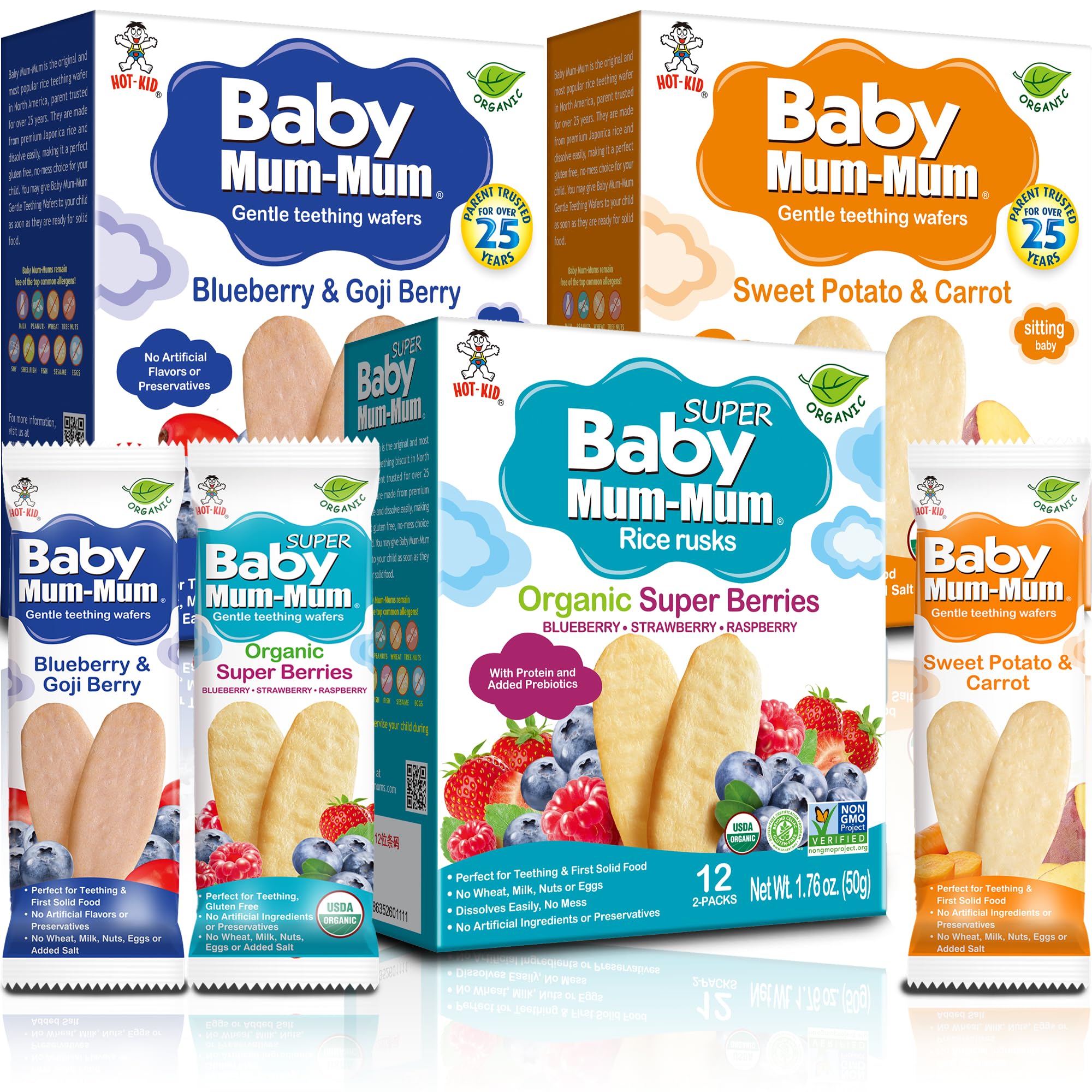 Baby Mum-Mum paquete frontal mostrando variedades y sellos de certificación