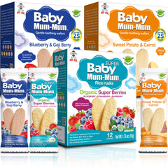 Baby Mum-Mum paquete frontal mostrando variedades y sellos de certificación