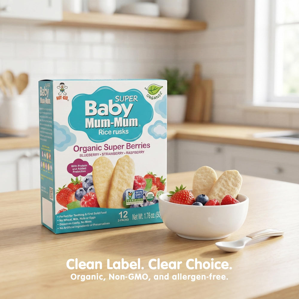 Display de sabores Baby Mum-Mum mostrando tres opciones suaves