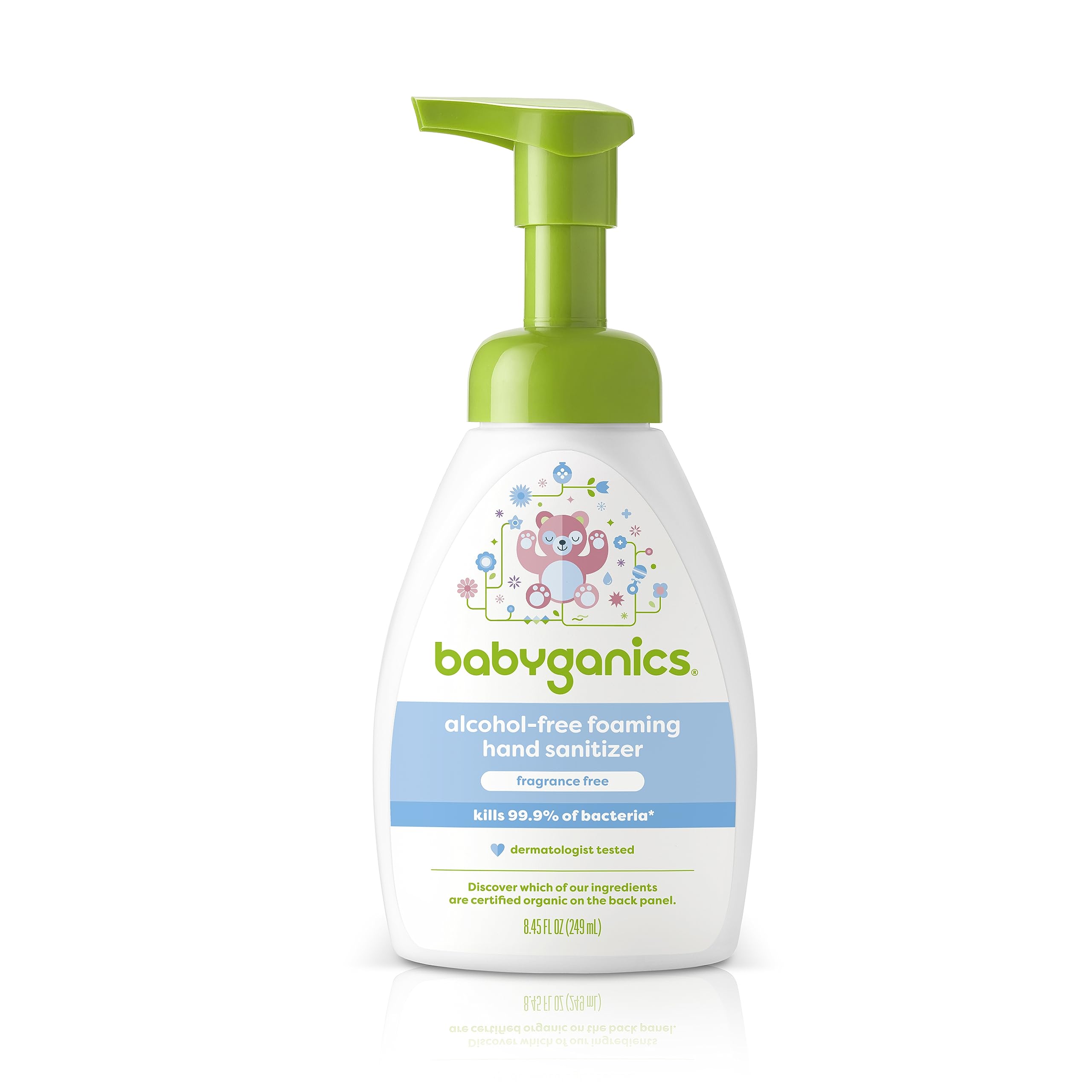 BabyGanics dispensador frente muestra aplicación rápida y protección suave