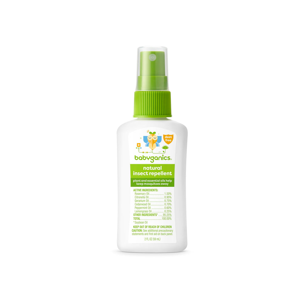 Babyganics spray insectos frente del envase, práctico para viajes