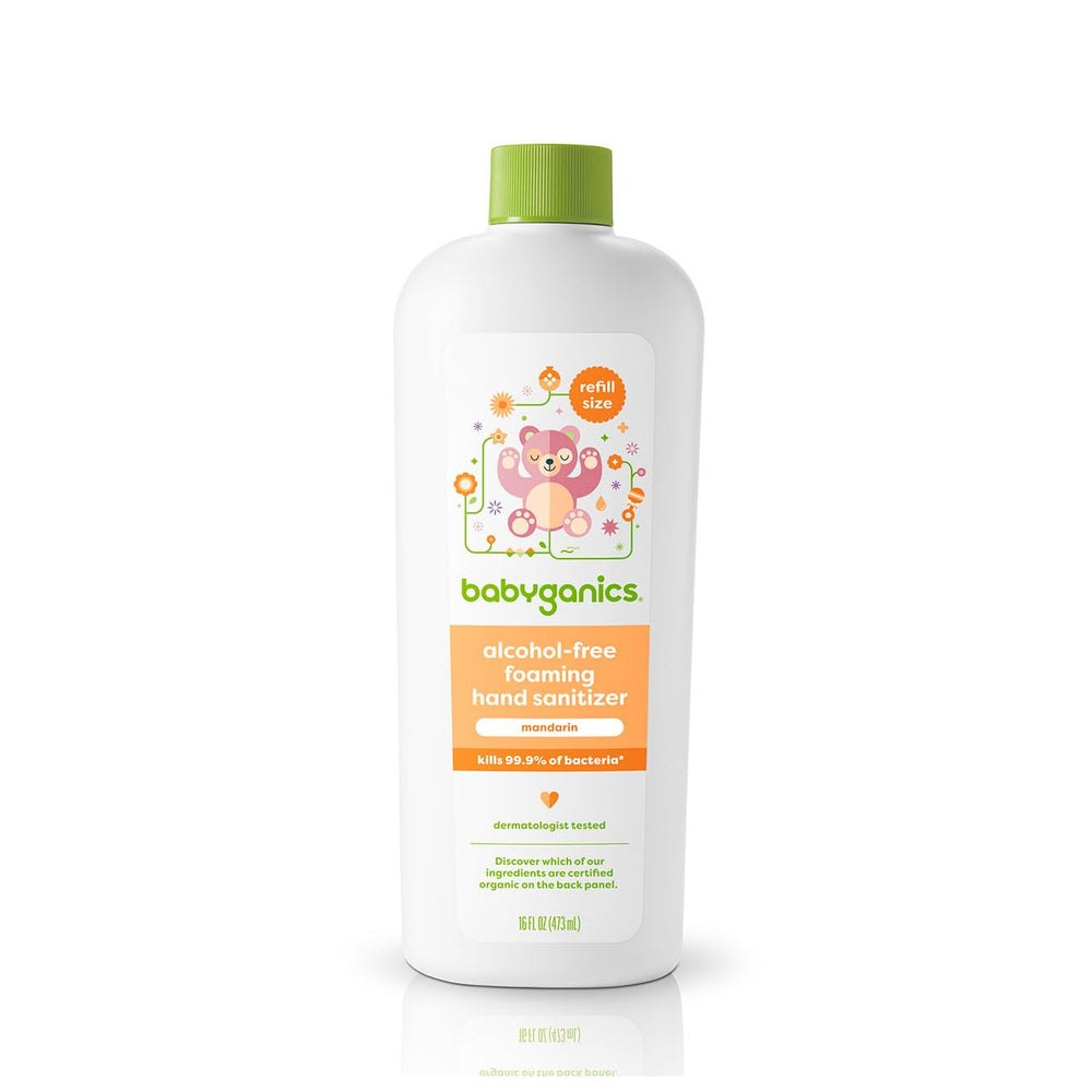 BabyGanics recarga frontal mandarina muestra envase y tamaño práctico