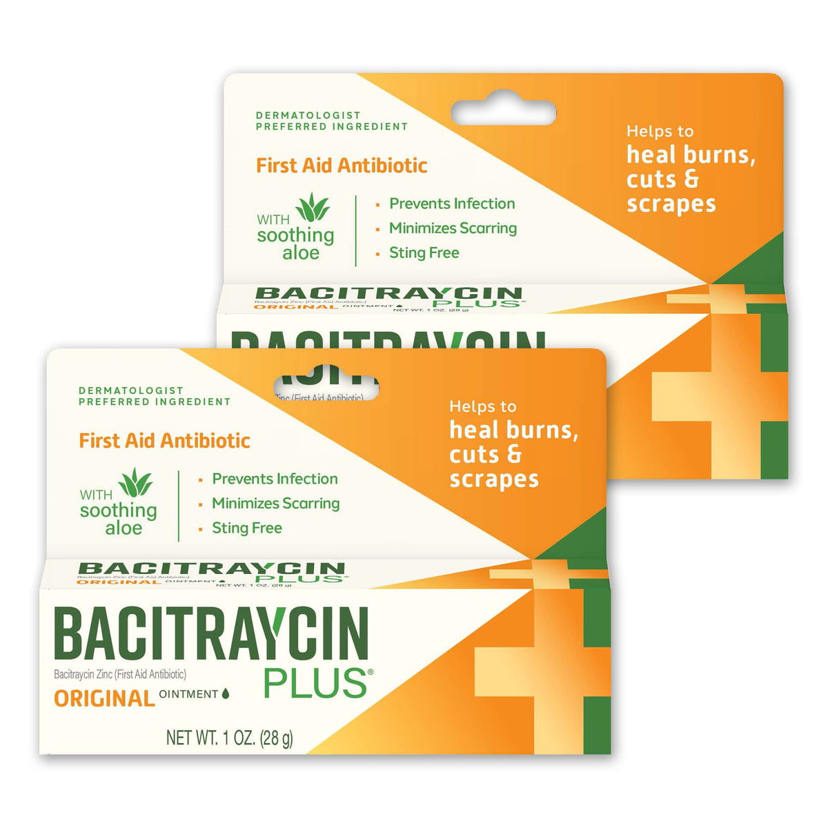 Bacitraycin Plus frente del empaque mostrando pack de dos para disponibilidad inmediata