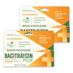 Bacitraycin Plus frente del empaque mostrando pack de dos para disponibilidad inmediata