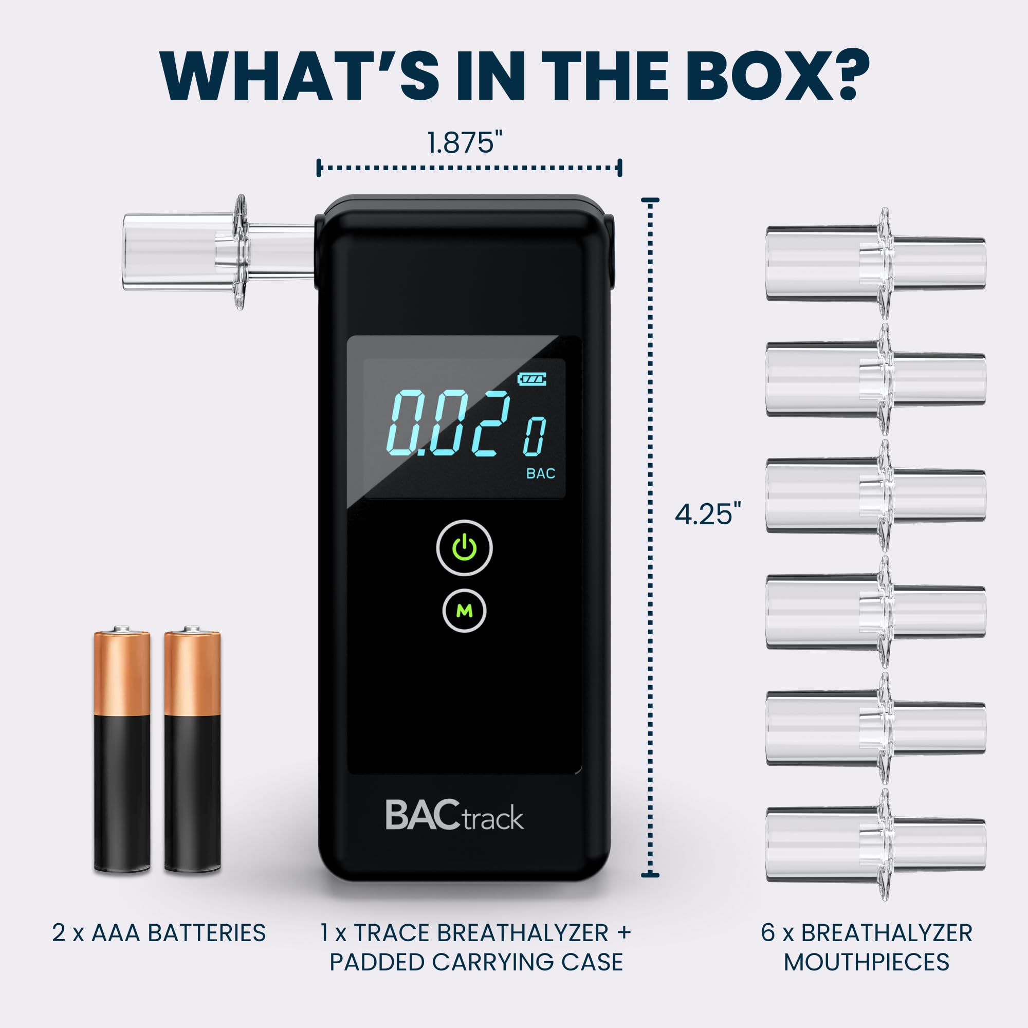 BACtrack Trace embalaje con pilas AAA incluidas y garantía visible