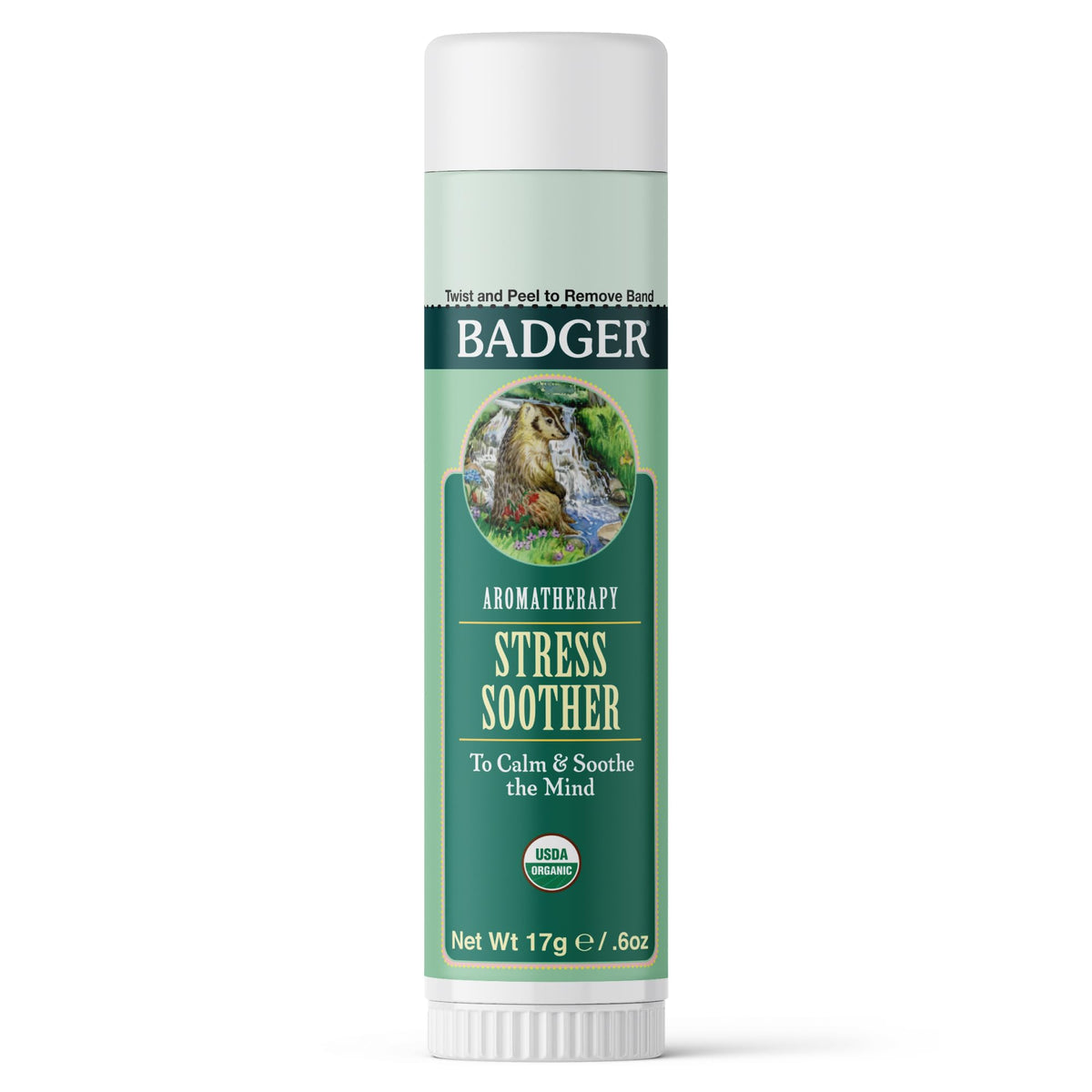 Badger envase frontal del Stress Soother balm mostrando diseño y tamaño portátil