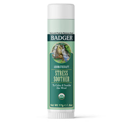 Badger envase frontal del Stress Soother balm mostrando diseño y tamaño portátil