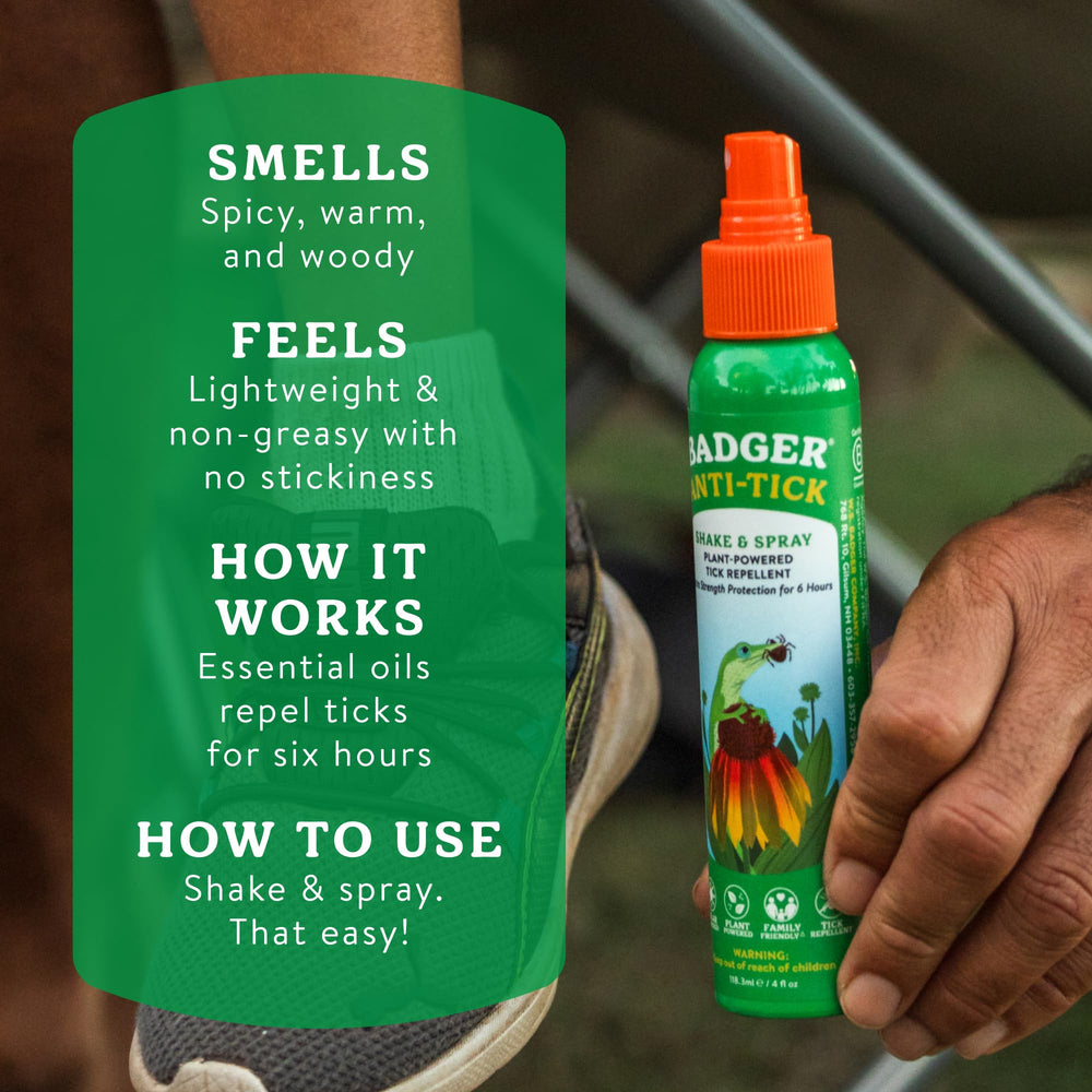 Badger escena de camping familiar usando el spray para comodidad al aire libre
