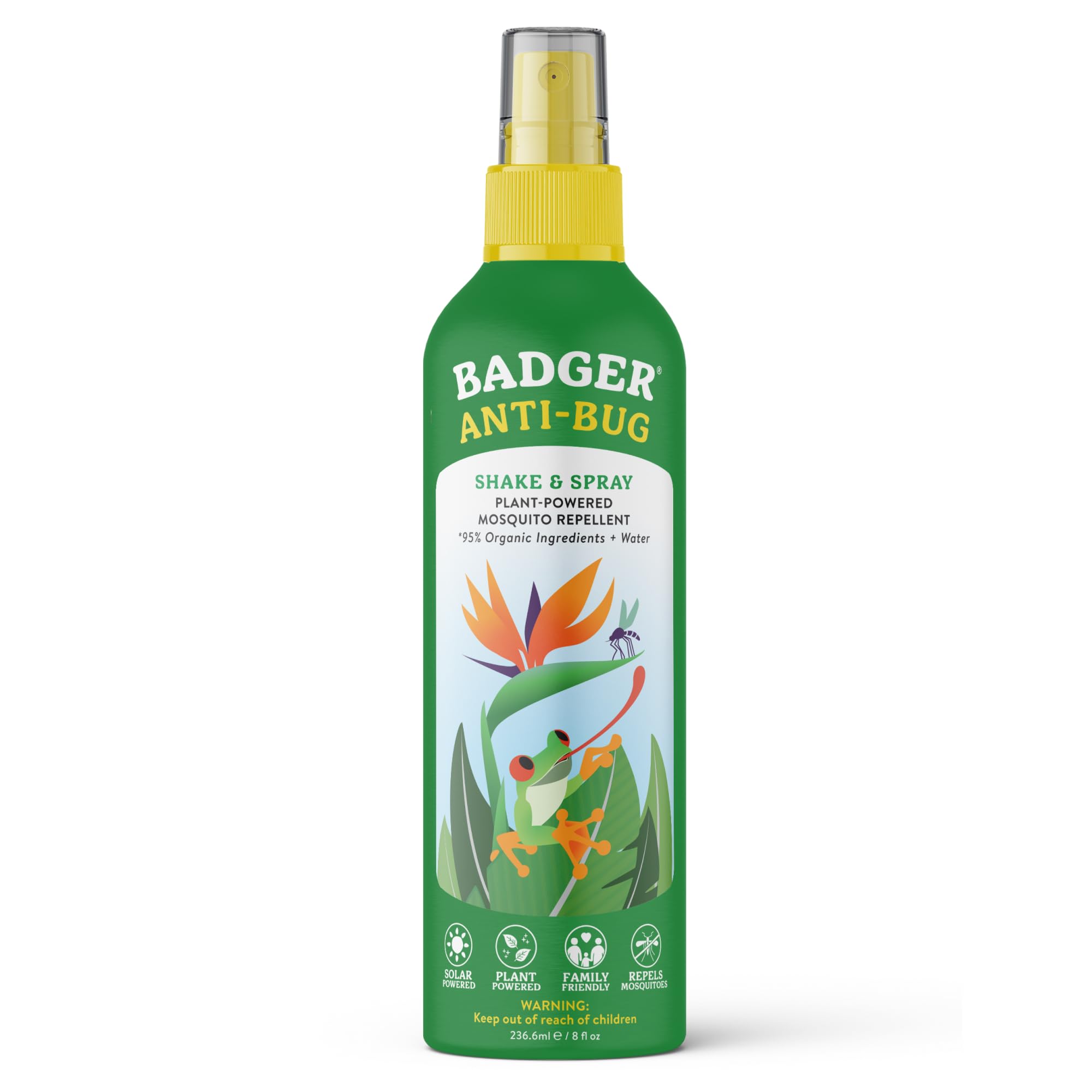 Badger botella frontal 8 fl oz mostrando etiqueta y tamaño para familia