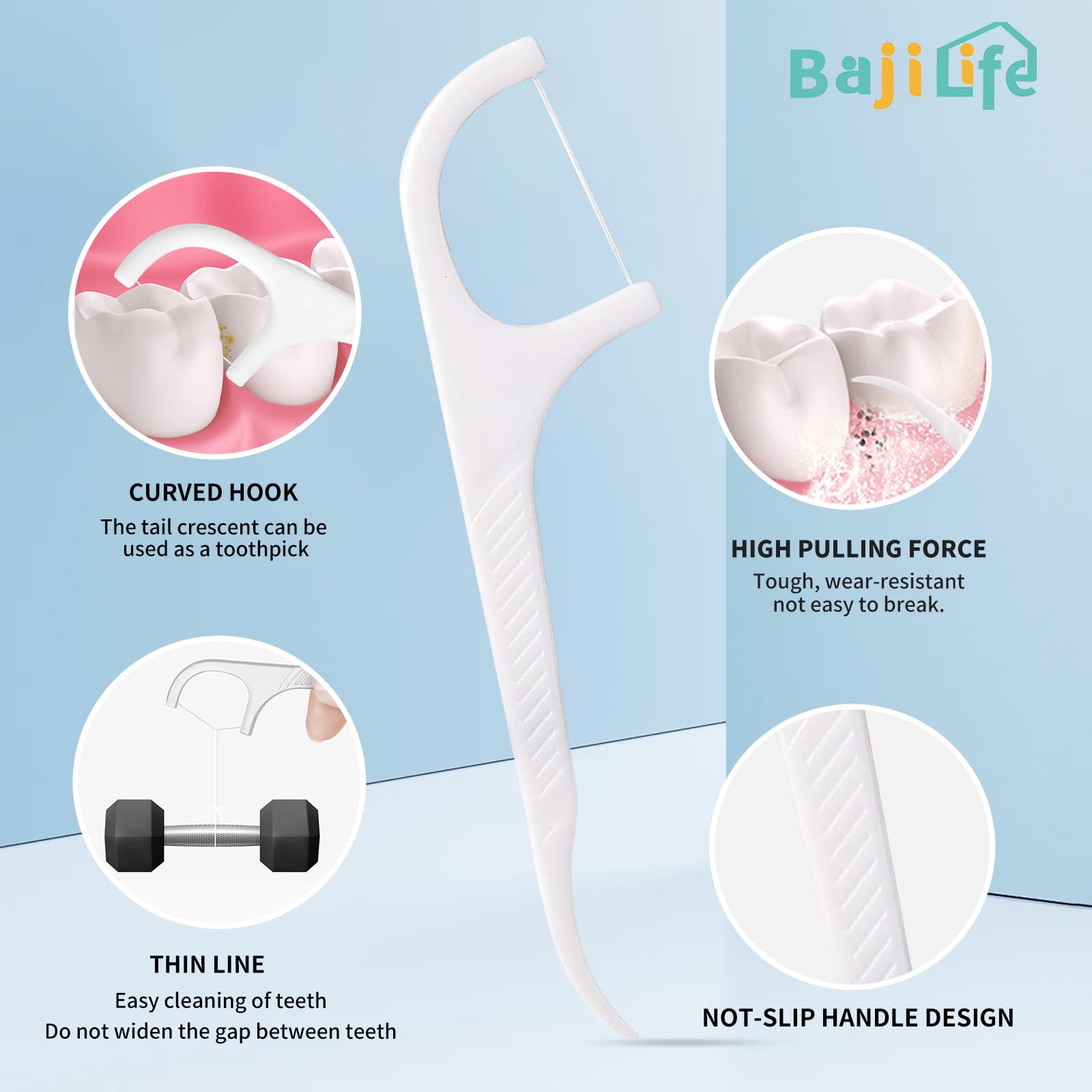 bajilife persona usando floss pick en oficina para limpieza rápida