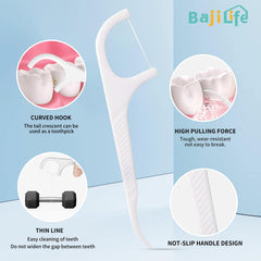 bajilife persona usando floss pick en oficina para limpieza rápida