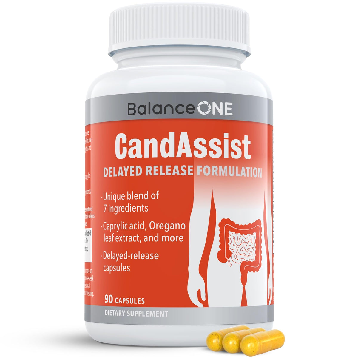 Balance ONE frasco CandAssist frente mostrando etiqueta clara y beneficios