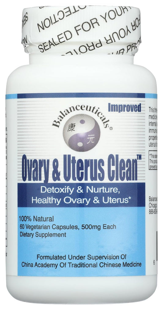 Balanceuticals frasco frontal de Ovary & Uterus Clean mostrando etiqueta y beneficios