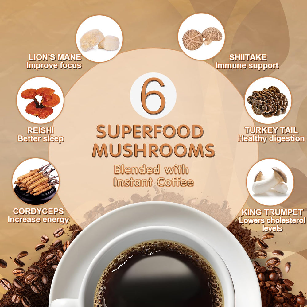 Balincer taza preparada de mushroom coffee lista para beber, energía sostenida