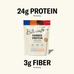 Ballerina Farm cucharada con polvo mostrando porción de 24 g proteína