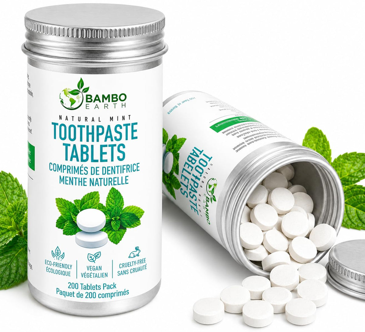 BAMBOEARTH frontal del envase de 200 pastillas, práctico para viajar