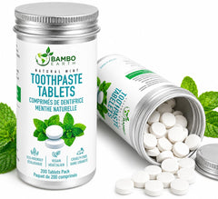 BAMBOEARTH frontal del envase de 200 pastillas, práctico para viajar