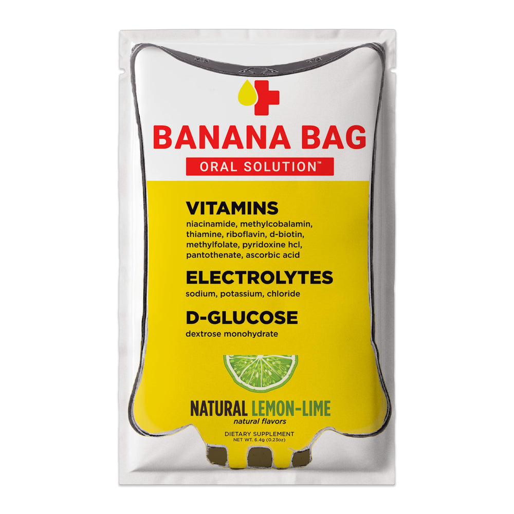Banana Bag frente del empaque mostrando 5 sobres y beneficios
