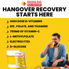 Sobre Banana Bag disuelto en vaso listo para beber y rápida rehidratación