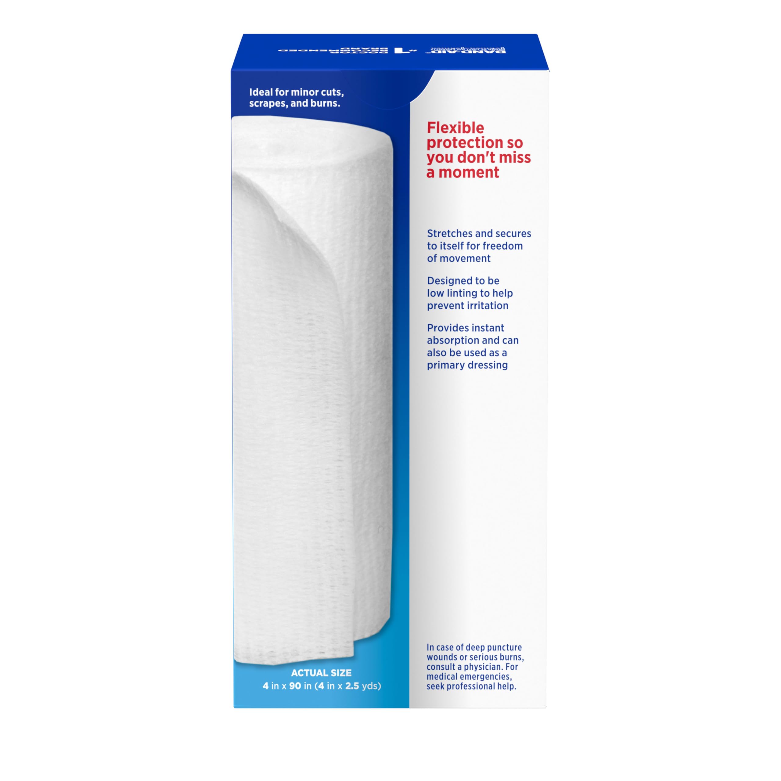 Band-Aid rollo comparado con manos para escala, tamaño práctico y portable