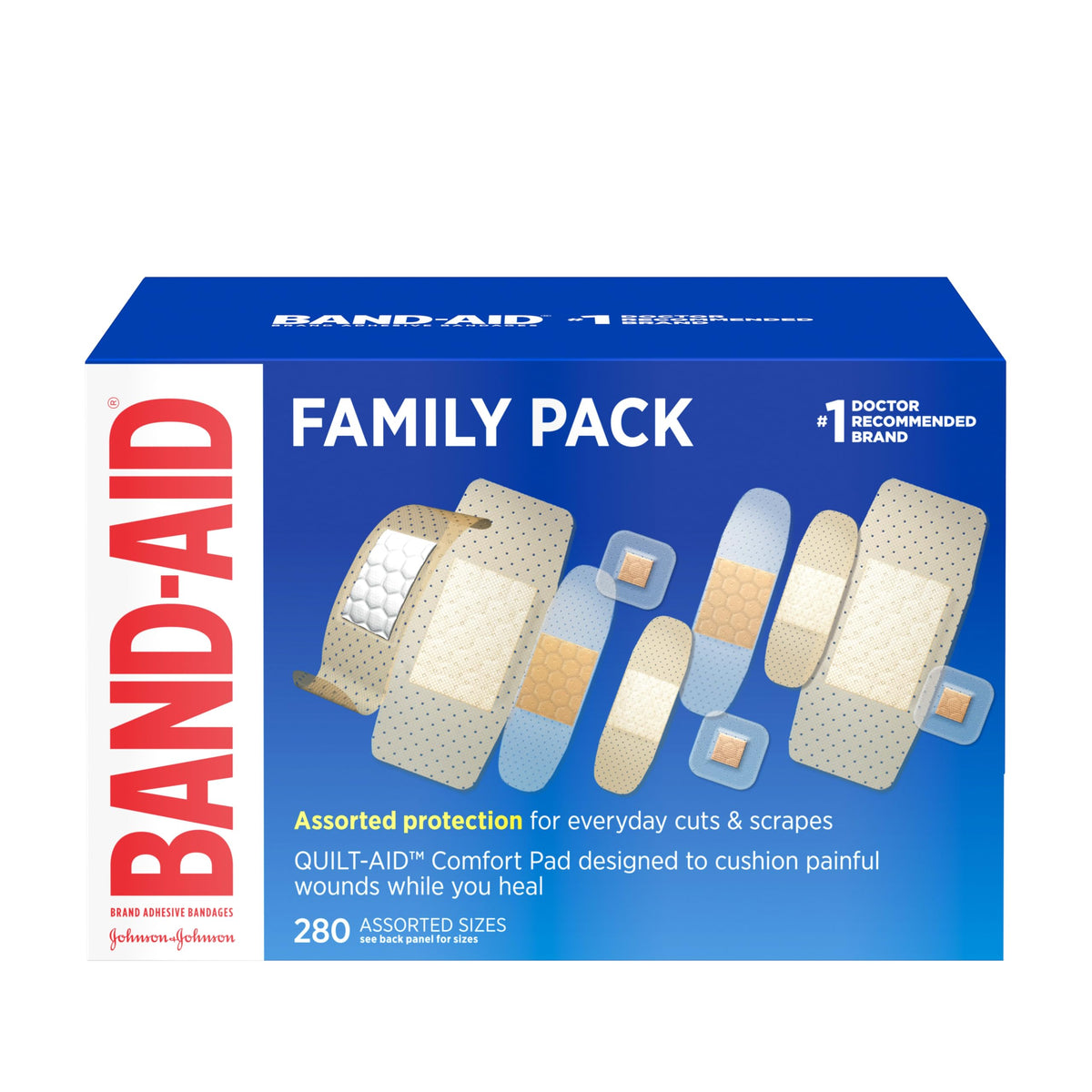 Band-Aid frente del paquete mostrando 280 unidades y variedad