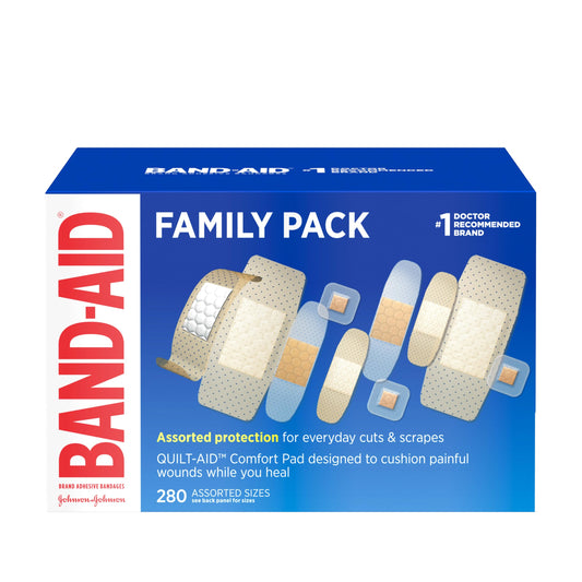 Band-Aid frente del paquete mostrando 280 unidades y variedad
