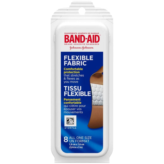Band-Aid empaque de viaje mostrando 8 curitas, gestión práctica de heridas