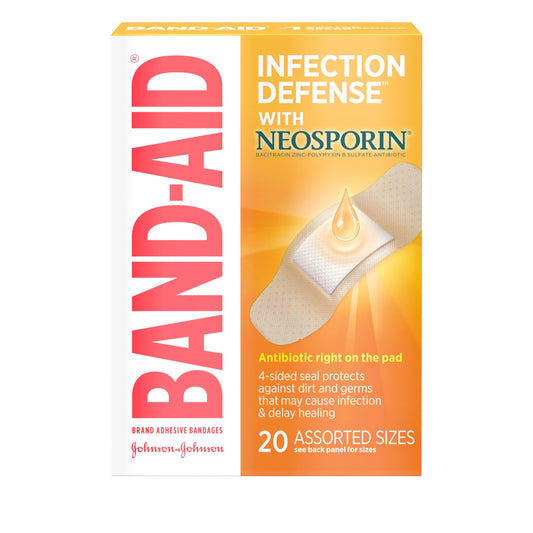 Band-Aid frente del paquete mostrando 20 unidades y surtido práctico