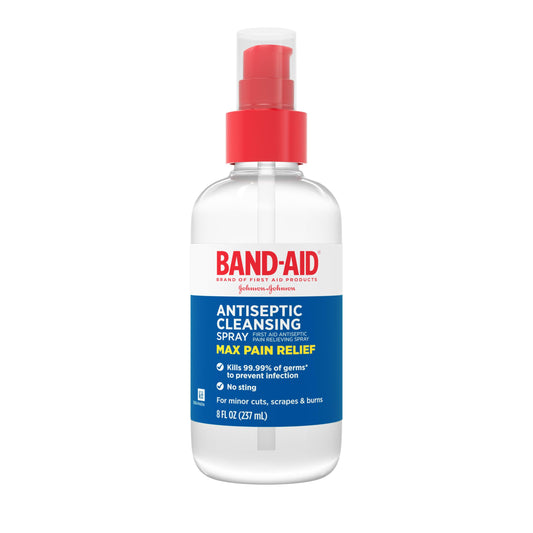 Band-Aid envase frontal mostrando spray y volumen, facilita identificación y uso