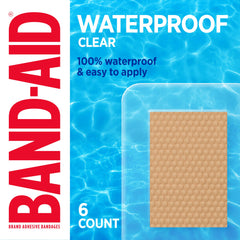 Band-Aid packaging frente mostrando caja de 6 vendajes impermeables y protección amplia
