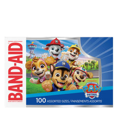 Band-Aid frente del empaque con 100 venditas Paw Patrol, protección confiable