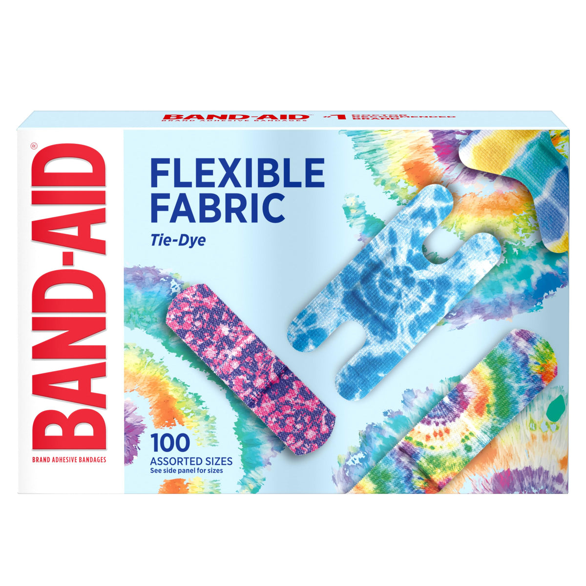 Band-Aid frente del paquete mostrando 100 curitas tie-dye y variedad