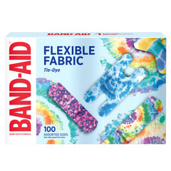Band-Aid frente del paquete mostrando 100 curitas tie-dye y variedad