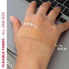 Band-Aid al lado de una regla destacando tamaño 1 x 3 pulgadas