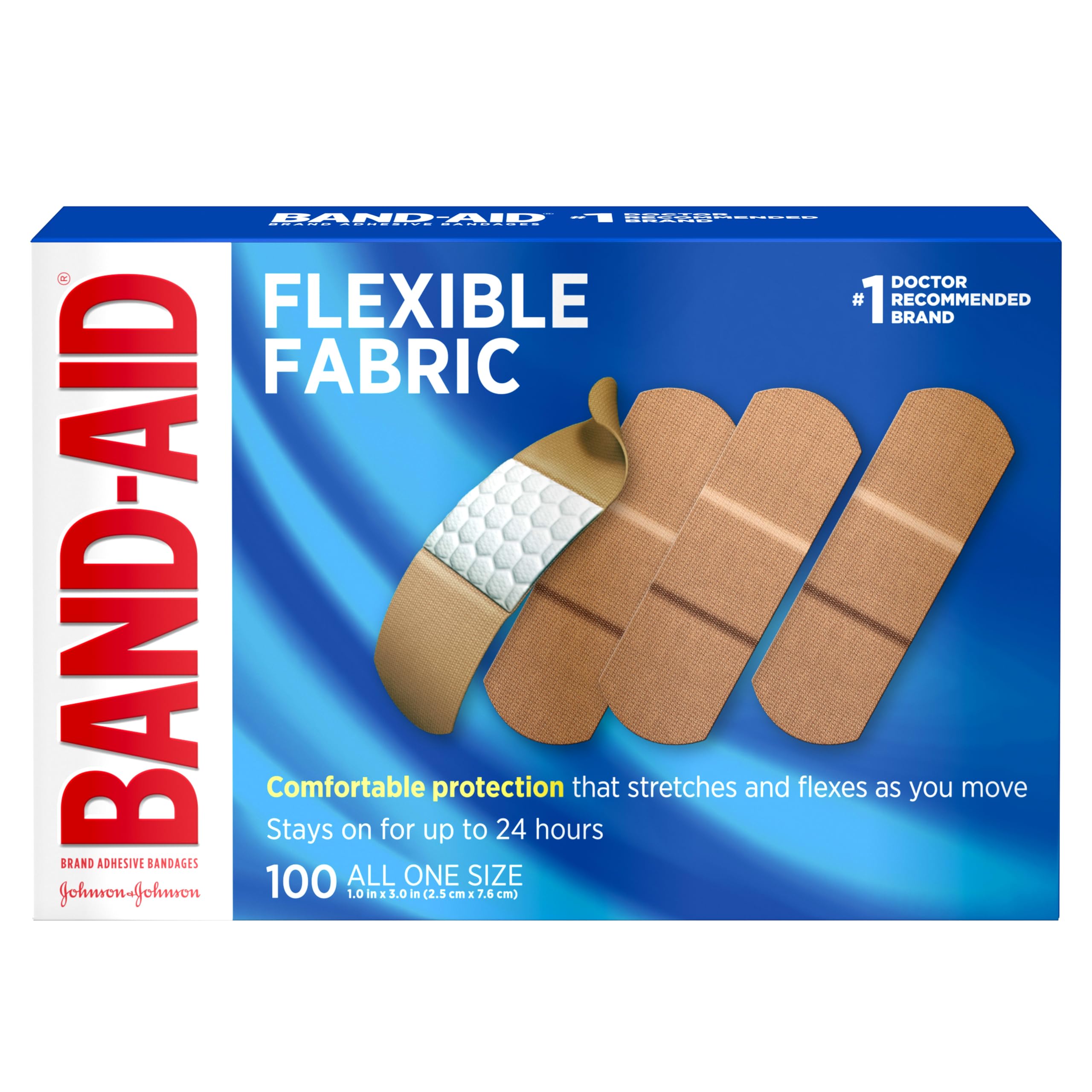Band-Aid frente del embalaje mostrando caja de 100 unidades y beneficios