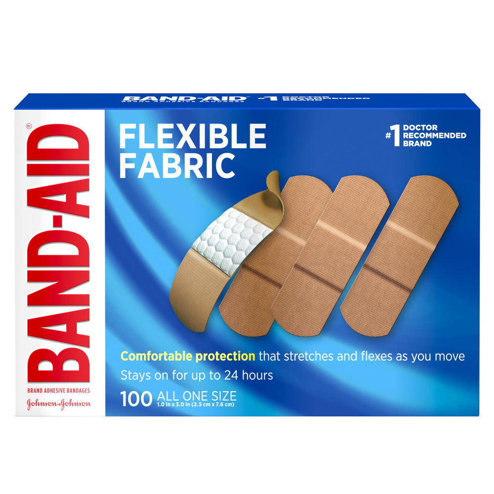 Band-Aid frente del embalaje mostrando caja de 100 unidades y beneficios