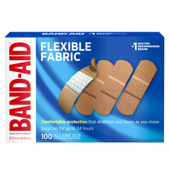 Band-Aid frente del embalaje mostrando caja de 100 unidades y beneficios