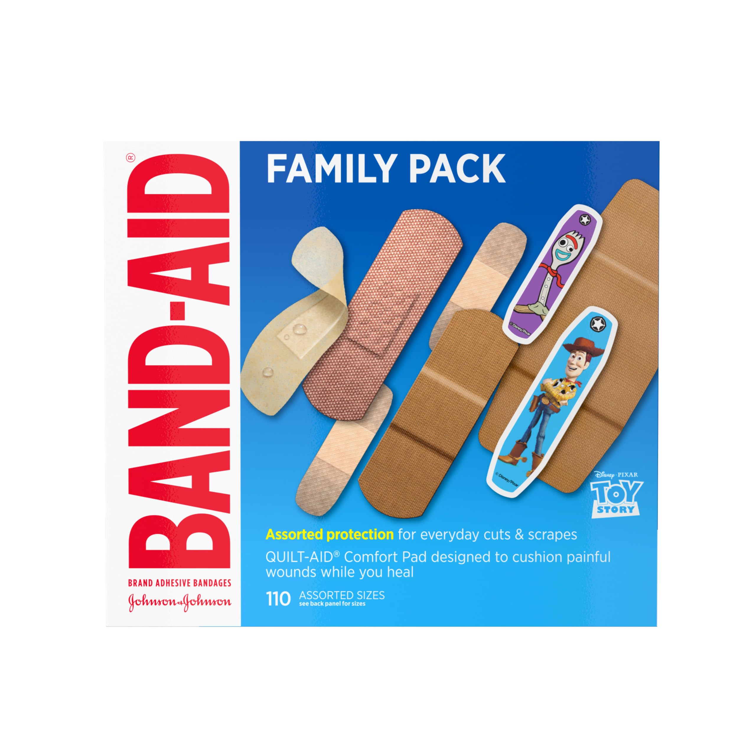 BAND-AID paquete frontal mostrando 110 tiras, práctico para familias