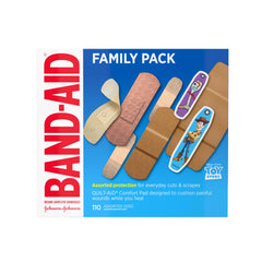 BAND-AID paquete frontal mostrando 110 tiras, práctico para familias