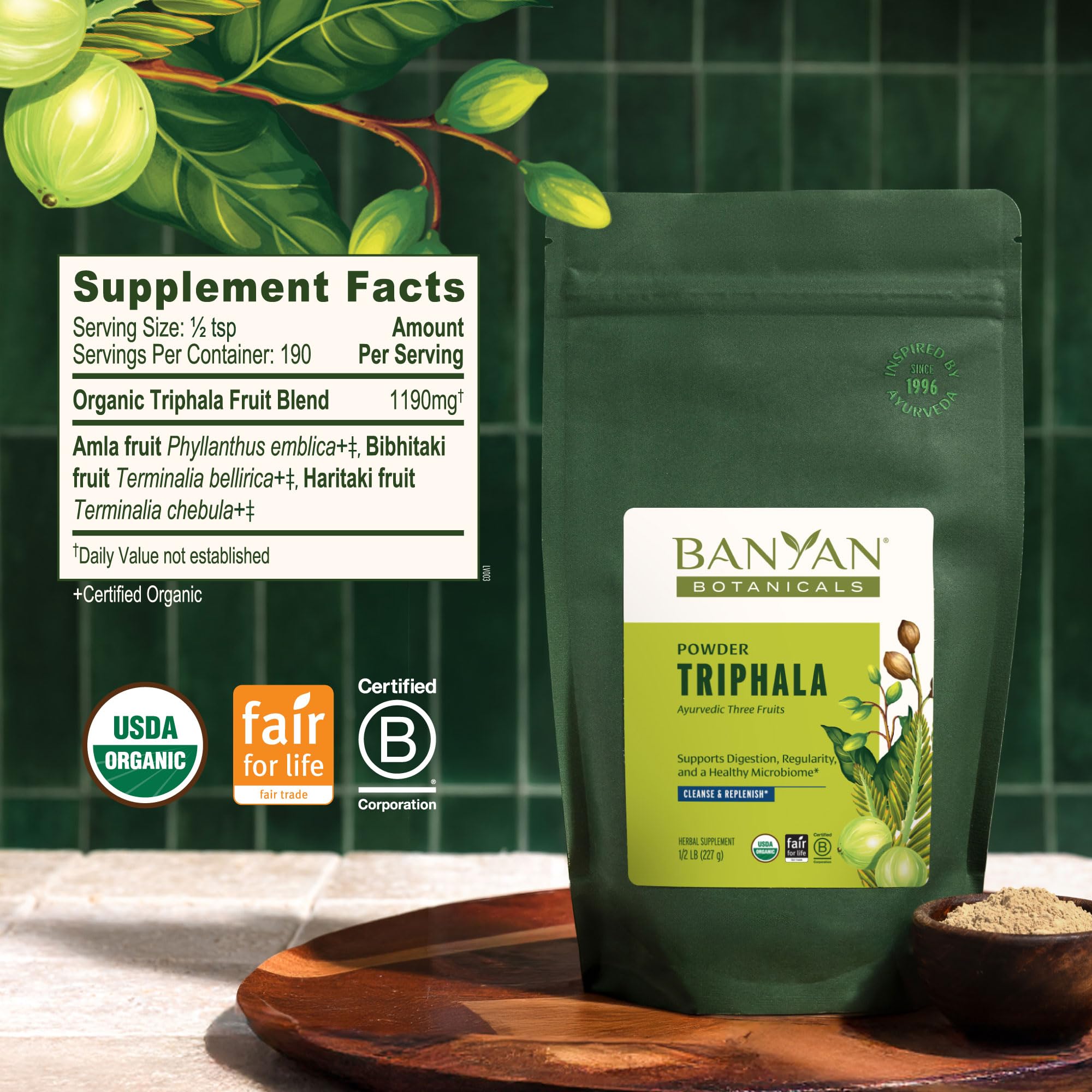 Banyan Botanicals envase 1/2 lb para referencia de tamaño práctico