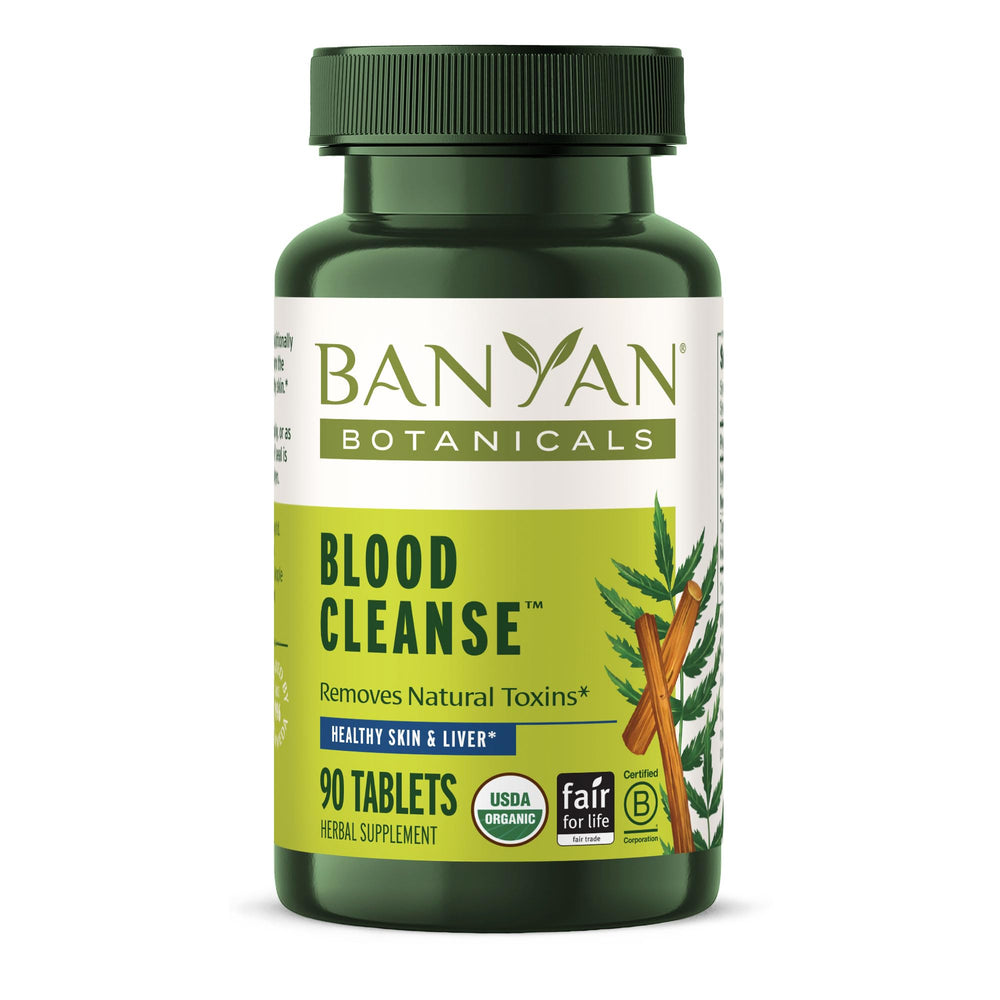 Banyan Botanicals empaque frontal de Blood Cleanse mostrando envase orgánico y beneficio de limpieza interna