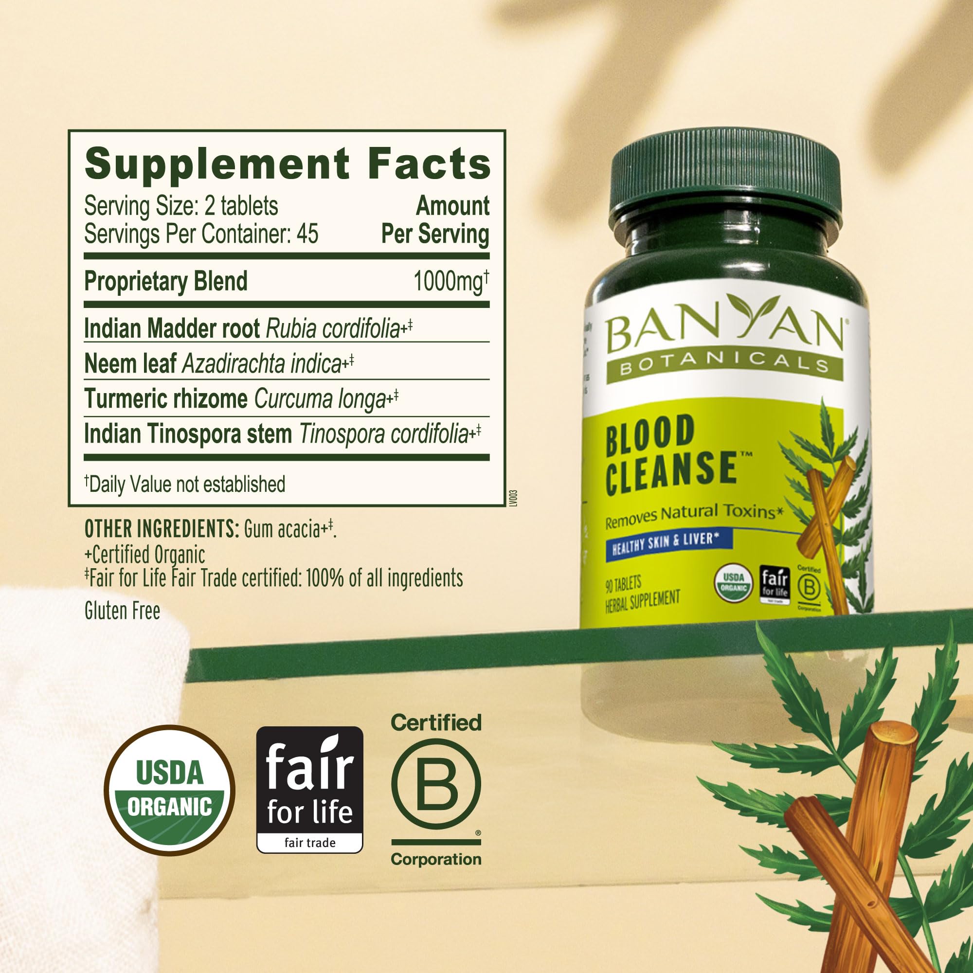Banyan Botanicals etiqueta con lista de ingredientes y transparencia sobre componentes orgánicos