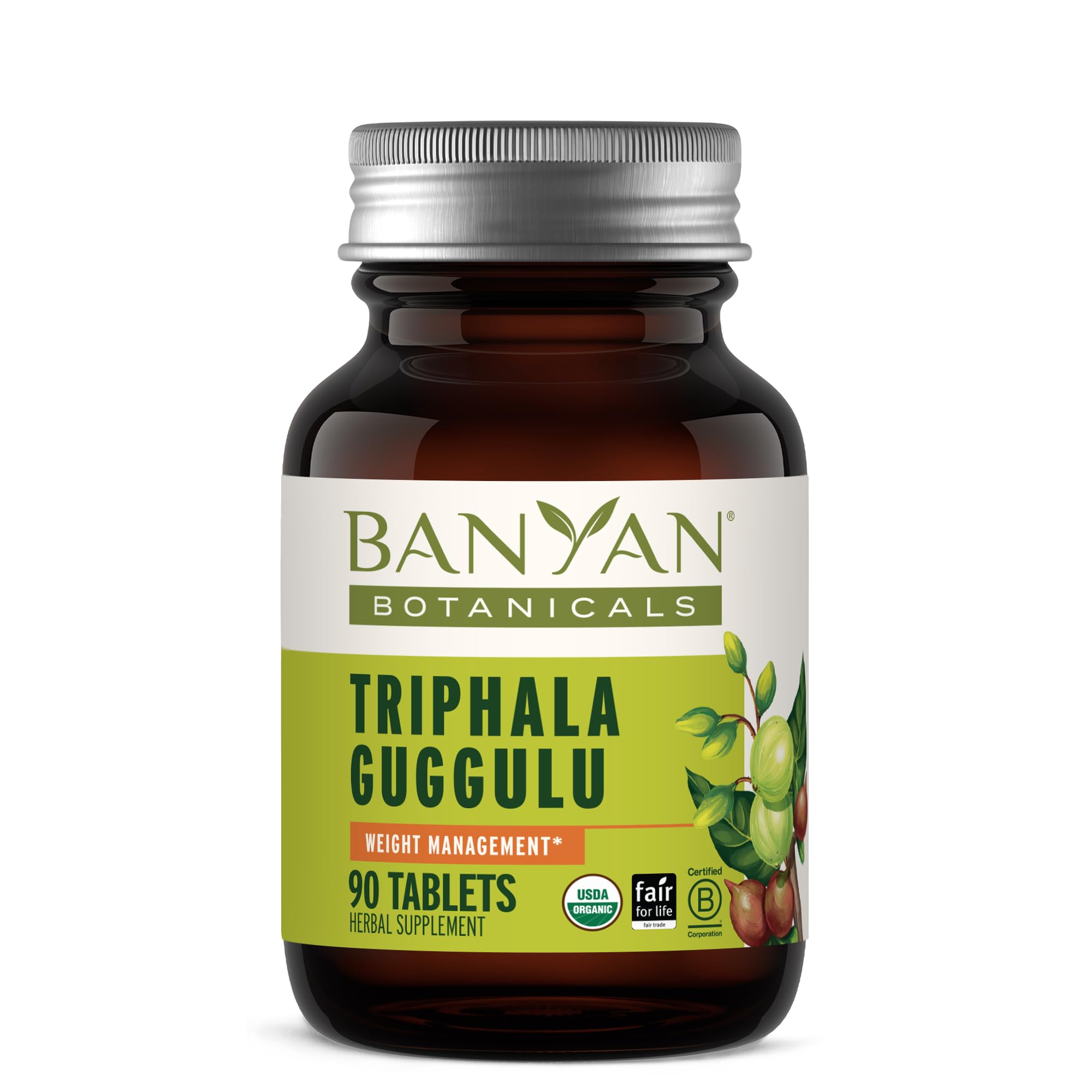Banyan Botanicals frasco Triphala Guggulu frente mostrando embalaje orgánico