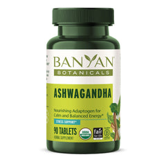 Banyan Botanicals frente del empaque mostrando certificaciones y beneficio orgánico