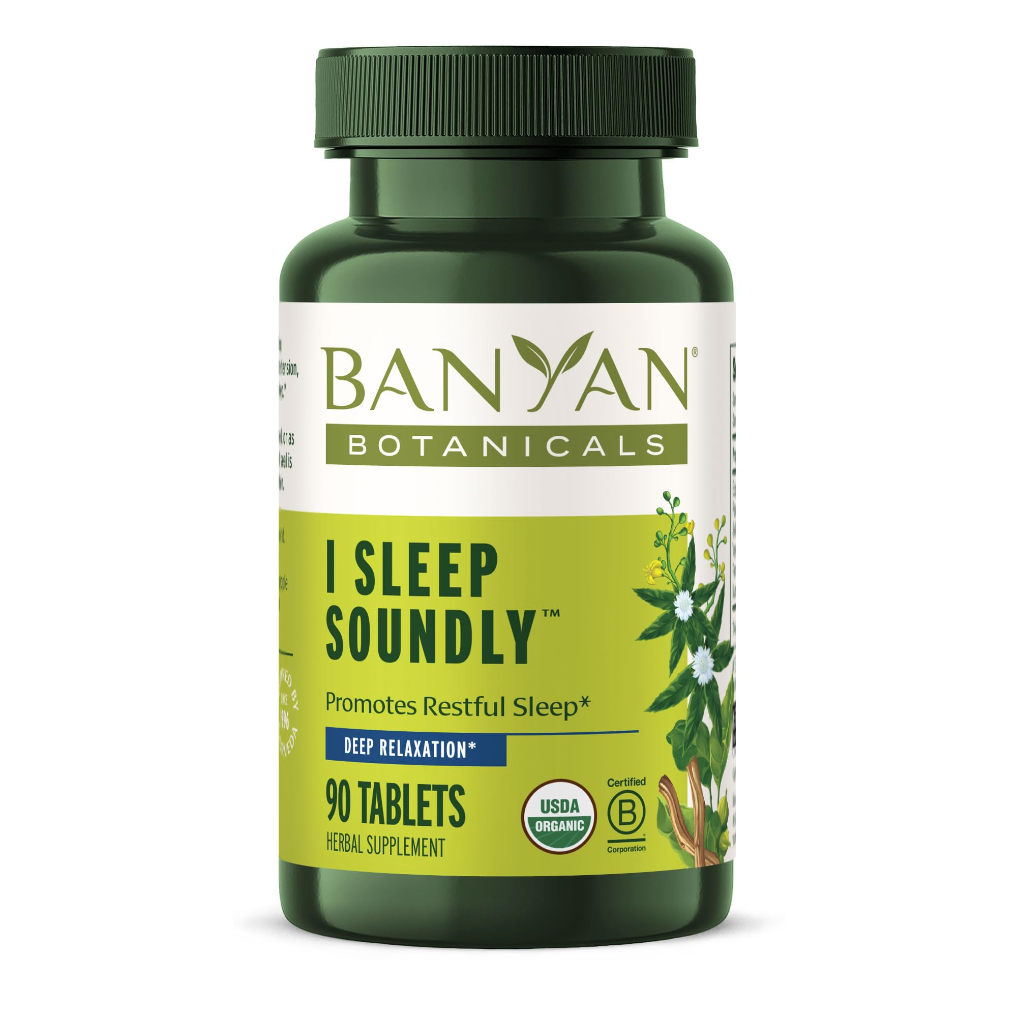 Banyan Botanicals frente del tarro mostrando la etiqueta orgánica y beneficios para el sueño